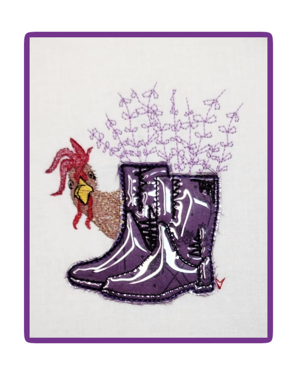 Crazy chicken, lavender in boots - Raw Edge Applique Embroidery ...