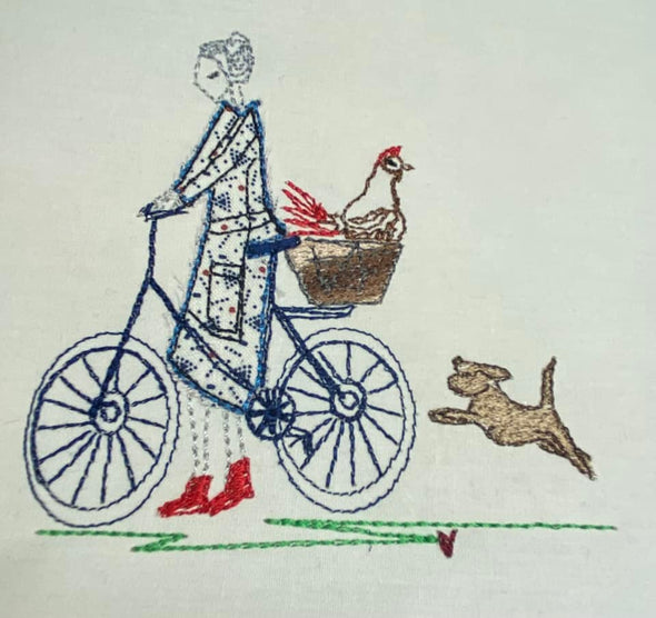 Chicken lady with bike - Raw Edge Applique Embroidery