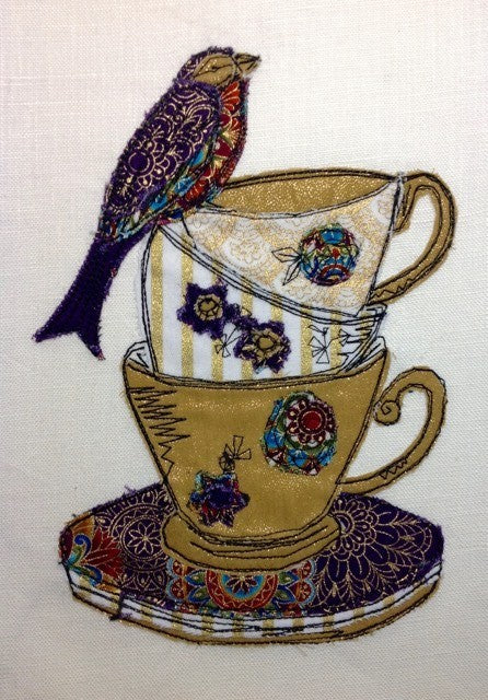 Bird and Tea Cups - Raw Edge Applique Embroidery Design