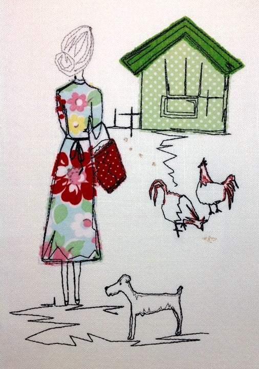 Lady Feeding Chickens - Raw Edge Applique