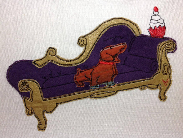 Dachshund/Sausage Dog in Chair - Raw Edge Applique Embroidery Design