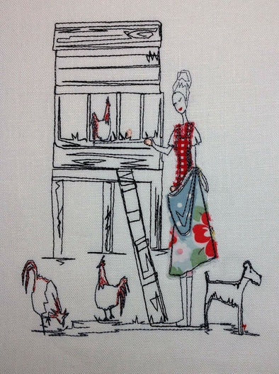Chicken Lady and Hutch - Raw Edge Applique Embroidery Design