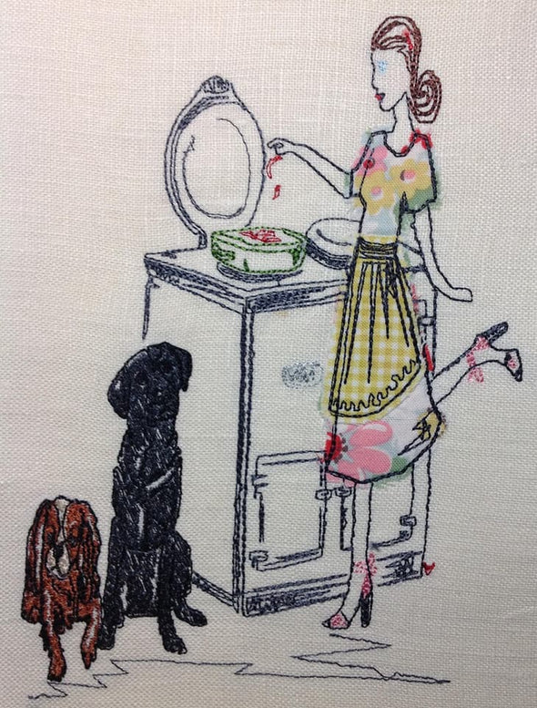 AGA Cooker Lady Cooking with Dogs - Raw Edge Applique Embroidery